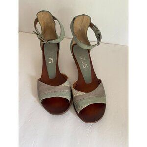 MJUS Teal and Aqua Leather Open Toe Block Heel Ankle Strap Sandal 40